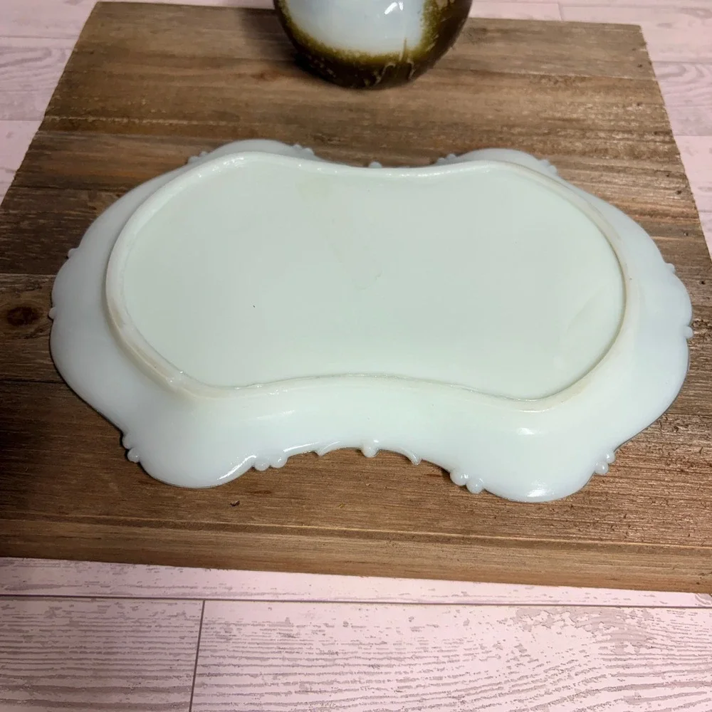 Antique Milk Glass Vanity Set Green Gold Painted Trinket Jar and Tray